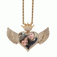 Customized Photo Personalized Crown Angel Wings Gemstone Engraved Heart Tag Photo Necklace, Stainless Steel Gift For Loved Ones, Wedding Anniversary, Valentine's Day, Jewelry Accessory