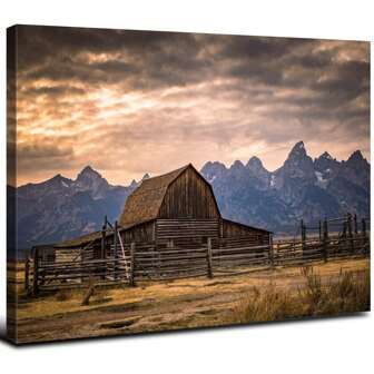 1pc Moulton Barn Grand Tetons Canvas Art, Wyoming Mountain Landscape, Iconic American West Scene, Rustic Farmhouse Decor, Dramatic Mountain Print, Framed Artwork,