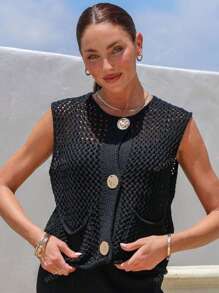 Women Knit Weave Vest Spring Summer Sleeveless Jacket Spring Autumn Casual Slim Elastic Solid Top