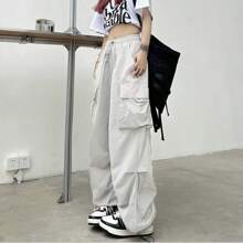 Women Parachute Drawstring Pockets Cargo Pantalones Casual Loose Fit Baggy Pants  Y2k Clothing - Màu be - Xem 4