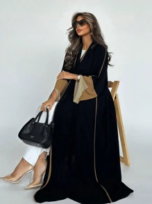 Women's Dubai Inspired Open Front Long Robe, Elegant Style With Stitching & Oversized Sleeves, Modest Kaftan - Brown - View 2