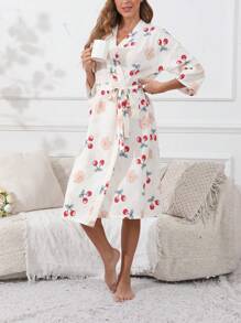 Uroczy damski szlafrok z motywem kreskówkowego misia w kształcie wiśni – szlafrok domowy dla dorosłych z długim rękawem i dekoltem w serek, paskiem, kieszeniami i prostą sukienką – poliester, odzież codzienna, wiosna i jesień