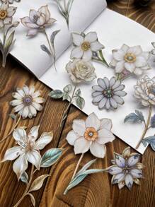 15pcs/Pack Vintage Thick 3D Paper Flower Branch Stickers, Floral Print Decoration For Journal Scrapbooking,School Supplies,Back To School