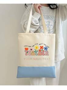 1pc Canvas Patchwork Tote Bag, Customizable Floral Design, Large Capacity, Fashion Minimalist Casual Versatile, Name/Logo Printing, For Shopping, Gift, Foldable, - Multicolor - View 8