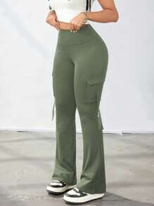 Y2K 宽腰带高弹力口袋带装饰提臀健身运动健身喇叭腿紧身裤工装裤