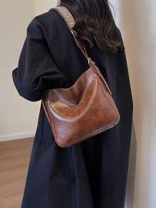 时尚大容量单肩包，百搭女士水桶包 - 棕色 - 查看 2