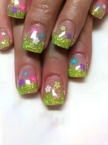 24 件短款闪亮方形美甲套装，圣帕特里克节绿色闪光和花卉贴花，粉色和蓝色花朵，节日法式风格适合日常穿着和庆祝，有趣的美甲装饰套装 - 彩色 - 查看 1