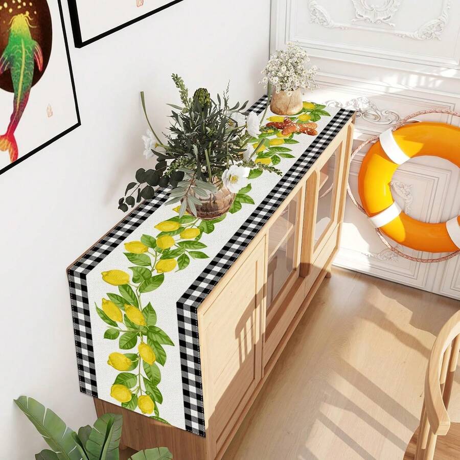White And Black Buffalo Plaid Lemon Farmhouse Style Table Runner, Decor For Kitchen Dining Table, Spring/Summer - Yellow - View 1