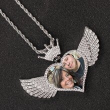 Customized Photo Personalized Crown Angel Wings Gemstone Engraved Heart Tag Photo Necklace, Stainless Steel Gift For Loved Ones, Wedding Anniversary, Valentine's Day, Jewelry Accessory