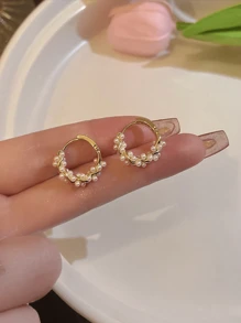 1 Pair Delicate Minimalist Pearl Hoop Earrings, Great Gift For Girlfriend - Gold - View 1