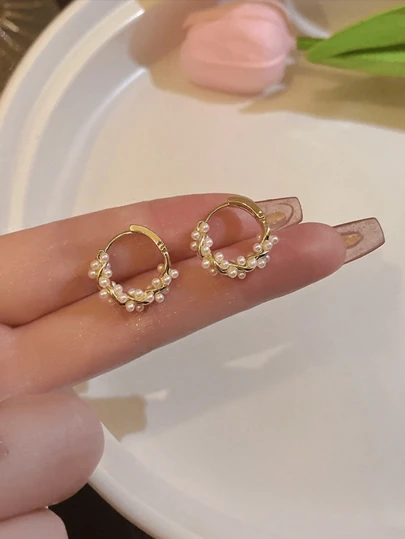 1 Pair Delicate Minimalist Pearl Hoop Earrings, Great Gift For Girlfriend