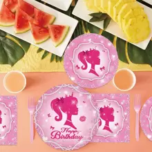 16pcs/20pcs Pink Party Themed Disposable Paper Plate/Cup/Napkin Set, Birthday Party Supplies, Party Decoration - one-size - View 5
