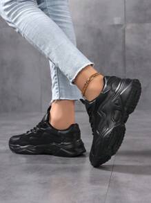 Women's Casual Sports Shoes, Spring & Autumn New Lace-Up Low-Top Leather & Mesh Contrast Breathable Lightweight Unisex Chunky Sneakers, Fashionable Chunky Sole Anti-Skid Wear-Resistant Casual Outdoor Walking Travel Leisure Couple Sneakers Midtop Leather Shoes, Waterproof Sporty Small White Shoes - Black - View 9