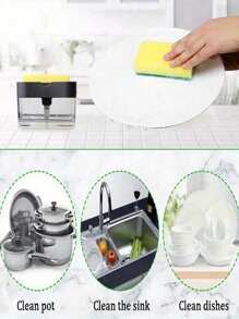 1 Pieza Dispensador de jabón portátil con set de esponja, caja de detergente de cocina con presión, dispensador automático de líquido para lavavajillas, jabón, dispensador creativo con bloque de presión y estante para esponja, adecuado para cocina y baño