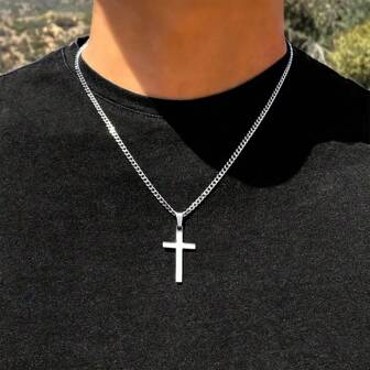 Fashionable Men's Stainless Steel Cross Pendant Necklace - Ideal For Daily Wear, Perfect Gift For Boyfriend!