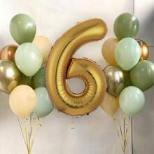 20pcs/Set 32 Inch Gold & Olive Green Theme Party Decorative Foil Balloons, Includes 1-6 Numeric Foil Balloon Set, For Birthday Outdoor Decorations