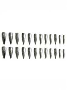 24 件尖头深色电镀银指甲贴 + 1 件果冻胶 + 1 件指甲缓冲块按压式指甲美甲用品指甲