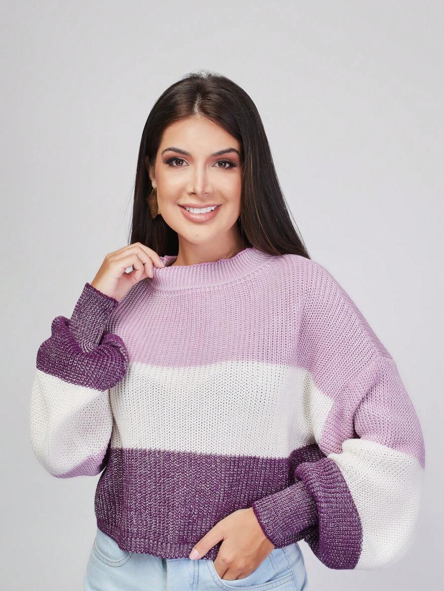 Striped Off-The-Shoulder Blouse Princess Sleeve Knit Warm Winter Fashion Blogger New2023 - 紫丁香色 - 查看 1