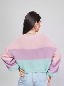 Striped Off-The-Shoulder Blouse Princess Sleeve Knit Warm Winter Fashion Blogger New2023 - Coral Pink - View 2