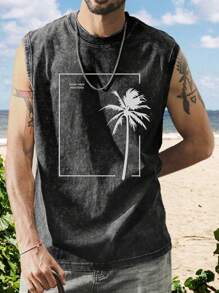 Shwiy ملابس علوية أكمام بلا أكمام للرجال بتأثير مغسول وبطبعة أشجار النخيل، مناسب للارتداء اليومي والأوقات الحرة - الأسود - مشاهدة 3