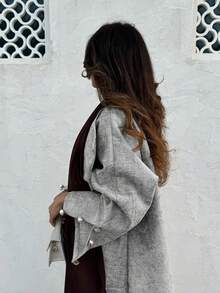 1pc Women Long Abaya, Fashion Casual With Split Sleeve, Pearl Button Closure, Solid Color Long Robe Jacket, High-Quality Linen Fabric, Soft Luster Modest Design, Suitable For Daily Wear - Light Grey - View 2