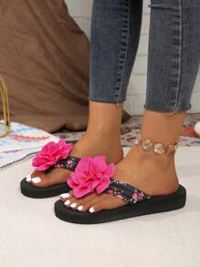 Sandalias de cuña con suela gruesa y diseño floral para mujer, chanclas antideslizantes para la playa en verano