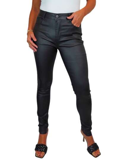  Paulo Due Womens High Waist Stretch Leather Look Jeans Black