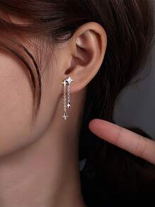 1 Pair Minimalist Silver Sparkly Star Tassel Earrings, Fashionable Unique Design Women Gift Earrings