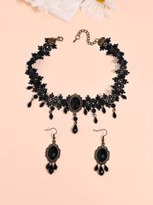 1 套深色哥特式水钻流苏耳环和项链，复古波西米亚蕾丝链吊坠耳环，适合女性日常佩戴派对礼物 - 首飾套裝 - 查看 9