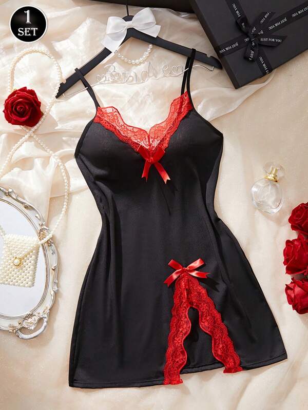 2 pièces Femmes Set de Nuisette en Dentelle Contrastée Sexy et Culottes String, Robe Moulante Mini Décolleté en V nœud papillon Fente Latérale Noire, Lingerie Adaptée pour la Fête des Mères, la Saint-Valentin