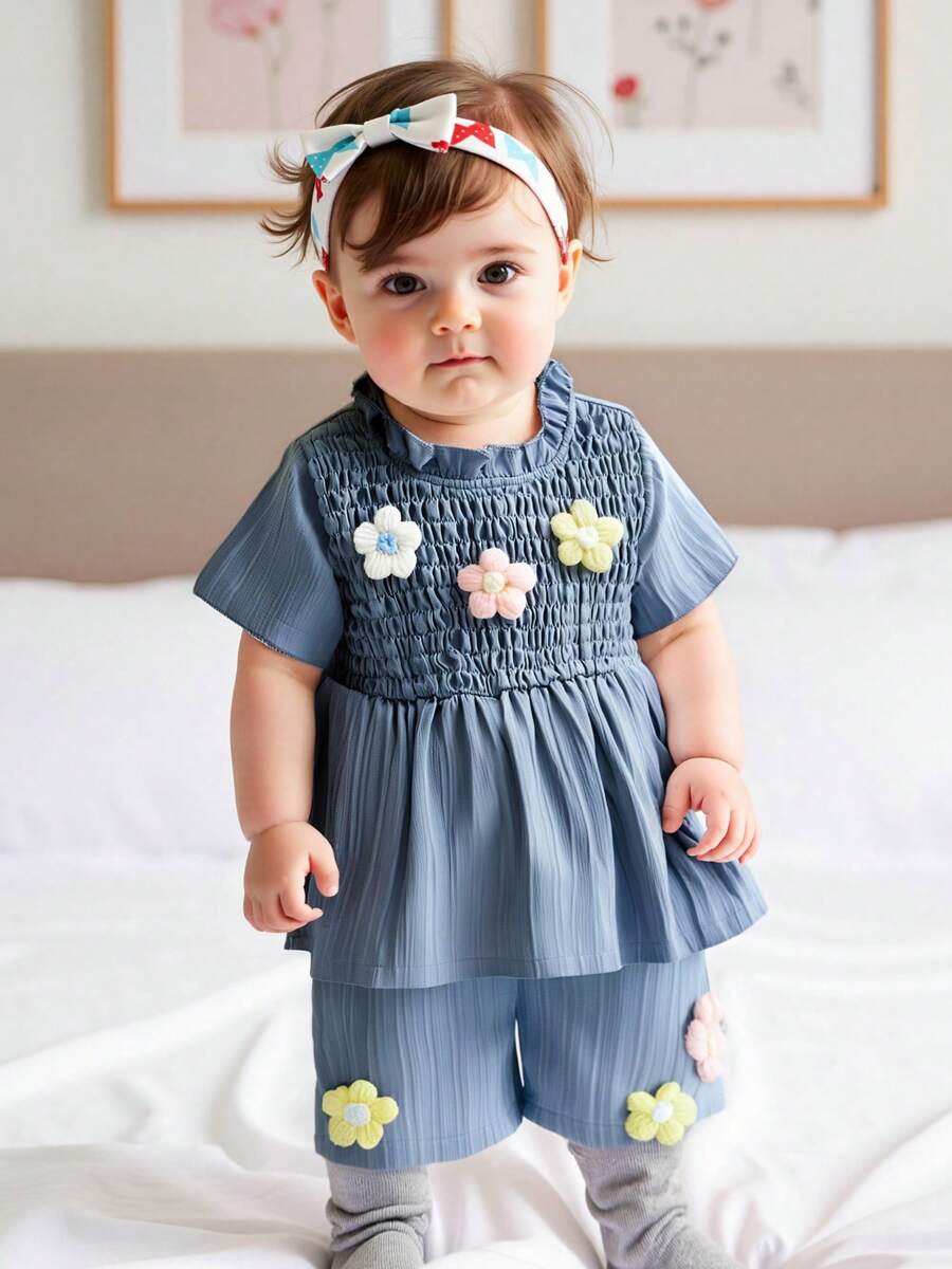 Toddler Girls Summer Outfit Crochet Flowers Short Sleeves T-Shirt And Elastic Shorts Set Cute 2 Piece Clothes - Blue - View 1