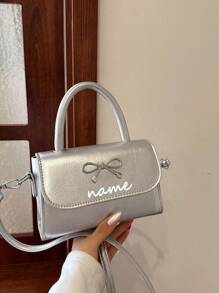 1pc Customizable Text, Name Gentle And Sweet Bow Fashionable Handbag Versatile Ins Shoulder Messenger Bag Fashionable And Gentle Small Square Bag With Bow Decoration Pu Material Magnetic Buckle Closure Messenger Bag, High-End Solid Color Matching, Suitable For Girls Shopping Daily Use, Put Mobile Phones And Wallets, Girls Princess Style Handbag Messenger Bag - Bow Handbag - View 3