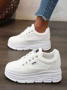 女式新款厚底厚底运动鞋，休闲皮革运动跑步鞋，秋季 - 白色 - 查看 7