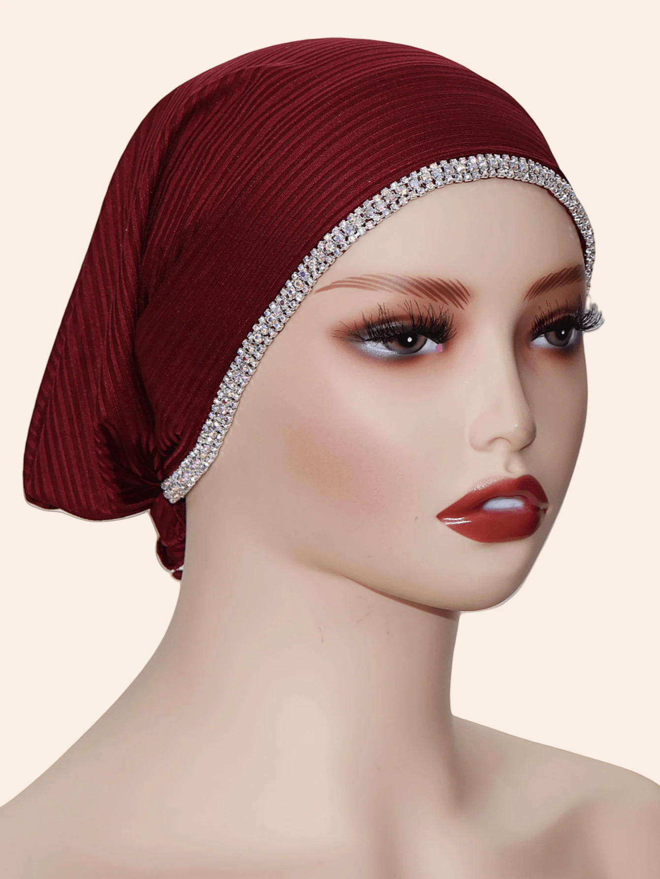 1pc Women's Elastic Striped Hijab Scarf, Muslim Headscarf With Fashionable Chain & Rhinestone Decor, Versatile For Daily Wear, Casual & Elegant - Burgundy - View 1