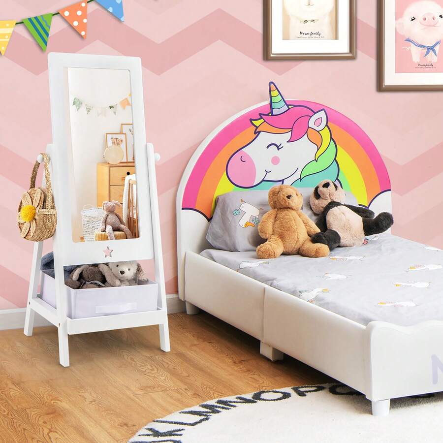 Kids Freestanding Full Length Dressing Floor Mirror W/ Shelf Storage Bin White - White - View 1