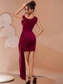 Persoshow 女士纯色不对称肩斜腰镂空不对称褶皱系带紧身迷你春夏连衣裙，正式舞会礼服，适合婚礼嘉宾、毕业典礼、晚宴、音乐节 - 酒紅色 - 查看 5
