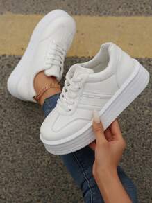 Thick Sole Women White Sneakers, Versatile Casual Outdoor Travel Walking Lightweight Tennis Shoes - White - View 1