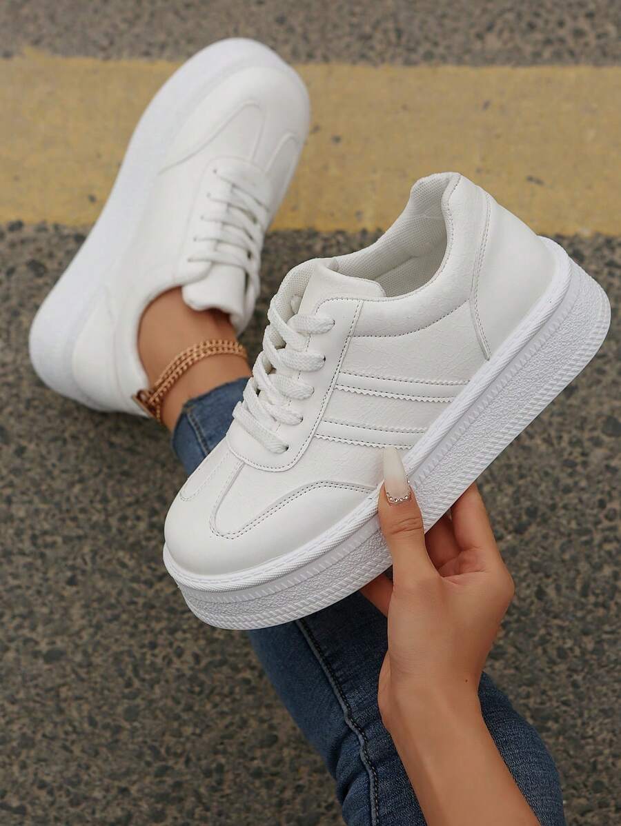 Thick Sole Women White Sneakers, Versatile Casual Outdoor Travel Walking Lightweight Tennis Shoes - White - View 1