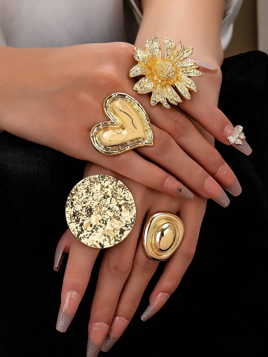4pcs/Set Gold Flower & Heart Shaped Ring Set, Thick Boho Style Rings For Women, Spring/Summer - Gold - View 1