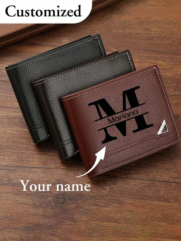 1 pieza Billetera corta personalizada para hombre de unicolor con estampado de letras, hecha de piel de PU, billetera plegable bifold de PU con múltiples ranuras para tarjetas, regalo personalizado para hermano, padre, novio, aniversarios, Día del Padre, Navidad, Día de San Valentín, plegable, funcional, práctico, portátil, versátil, multifuncional, ligero, colorido, vintage, adorable, lindo, sencillo, minimalista, personalizado, único, novia, novio, familia, amigos, bolsa de playa