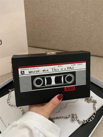 Music Elements Printed Tape Design Mini Square Box Bag With Metal Chain Strap, Fashion Shoulder Handbag For Women, Creative Magnetic Tape Box Shaped Bag, PU Crossbody Bag For Going Out, Casual Versatile