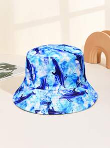 1 件女士海洋动物印花双面渔夫帽，鲨鱼、章鱼、水母图案，适合日常使用