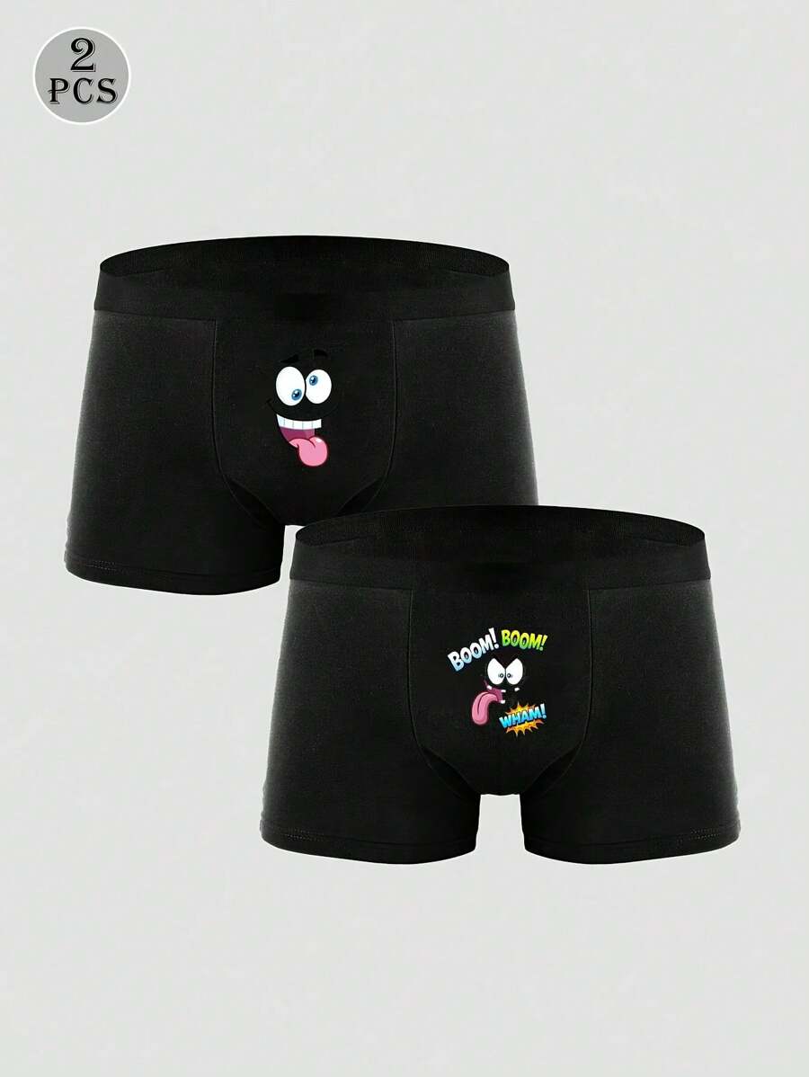 2pcs/Pack Men's Black Graphic Print Elastic Comfortable Boxer Briefs - Black - View 1