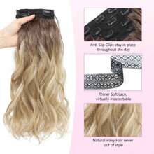 Clip In Hair Extension, Blonde Hair Extensions Invisible Lace Weft Synthetic Natural Soft 14 Inch Short Wavy Curly Hair Extensions For Women - Ombre Brown Blonde With Highlights - View 5
