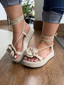 Women's Flower Lace-Up Platform Sandal - 黃麻 - 查看 2