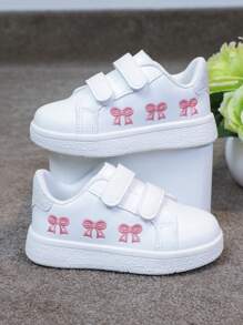 1 Pair Kids Versatile Breathable White Sneakers With Embroidered Bow, Chinese Knot Decor, Fashion Casual Patchwork Flat Shoes For Boys And Girls