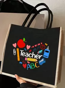 2 Pieces Teacher Appreciation Gift Set - Large Capacity Fashion Tote Bag With "Teacher" Print, Black Linen Coin Purse, Cosmetic Bag, Lining, And No Closure - Perfect For Educators And School Staff, Teacher's Thank-You Gift, Stylish Casual Accessories For Outings, Vacations, Daily Commute, Thank You Teacher Gifts - Black - View 2