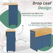 Rolling Kitchen Island Cart - Folding Drop Leaf Breakfast Bar - Includes Storage Cabinet, Shelf, And Drawer - White Finish - Perfect For Kitchens Or Dining Areas - Durable And Functional - Ideal For Small Spaces - Combines Style And Practicality For A Modern Home Upgrade. - Blue - View 4