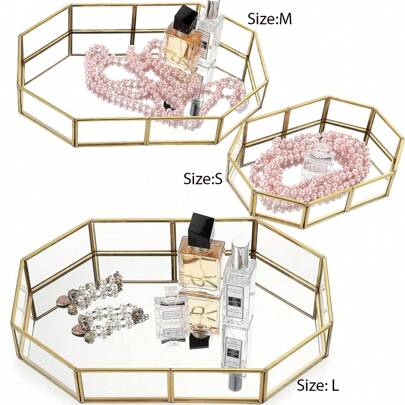1/3件套镜面玻璃梳妆台装饰托盘，金色华丽复古八角形化妆香水盒首饰小饰品收纳架，适用于浴室收纳和家居装饰，是纪念日、婚礼、生日、周年纪念日、教师节、返校季、房间装饰的完美礼物。
