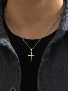 1 pieza Collar con colgante de cruz cilíndrica retorcida, estilo urbano europeo y americano, accesorio decorativo de fe para hombres - Plateado - Ver 4